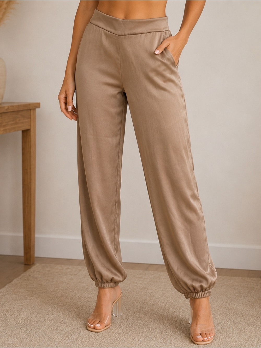 Express Taupe Satin Jogger Pants High Rise Elastic Hem Size XS - Picture 1 of 7